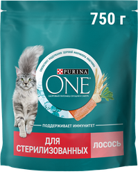 Корм сухой для взрослых кошек PURINA ONE Sterilised с лососем и пшеницей, для стерилизованных, 750г, вид