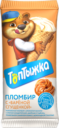 Мороженое ИЖМОЛОКО Топтыжка пломбир с вареной сгущенкой 12%, без змж, вафельный рожок, 90г, крупный план