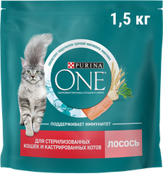 Корм сухой для взрослых кошек PURINA ONE Sterilised с лососем и пшеницей, для стерилизованных, 1,5кг, вид