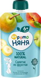 Пюре фруктовое ФРУТОНЯНЯ Салатик из фруктов Банан, груша, яблоко, персик, с 6 месяцев, 90г, крупный план