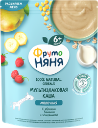 Каша мультизлаковая ФРУТОНЯНЯ молочная, с яблоком, бананом и земляникой, с 6 месяцев, 200г, вид