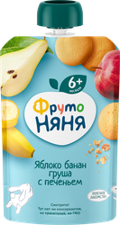 Пюре фруктовое ФРУТОНЯНЯ Яблоко, банан и груша, с печеньем, с 6 месяцев, 90г, крупный план