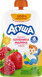 Пюре фруктово-ягодное детское АГУША Яблоко, клубника, малина, с 6 месяцев, 90г, фотография