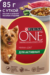 Корм влажный для взрослых собак PURINA ONE Mini Активная Утка, паста и зеленая фасоль в подливе, 85г, изображение