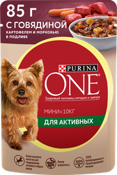 Корм влажный для взрослых собак PURINA ONE Mini Активная Говядина, картофель, морковь в подливе, 85г, фото