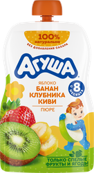 Пюре фруктово-ягодное детское АГУША Яблоко, банан, клубника и киви, с 8 месяцев, 90г, изображение