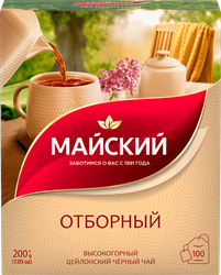 Чай черный МАЙСКИЙ Отборный Цейлонский байховый листовой, 100пак, крупный план