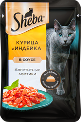 Корм консервированный для взрослых кошек SHEBA ломтики в соусе с курицей и индейкой, 75г, крупный план