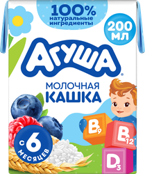 Каша злаковая детская АГУША Укрепляй-ка, молочная с черникой, малиной и яблоком 2,7%, с 6 месяцев, 200мл, картинка