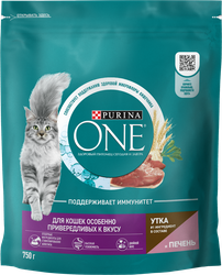 Корм сухой для кошек PURINA ONE с уткой и печенью, для привередливых к вкусу, 750г, крупный план