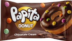 Кекс SOLEN PAPITA DONUT с какао глазурью, шоколадной начинкой и цветным драже, 40г, крупный план
