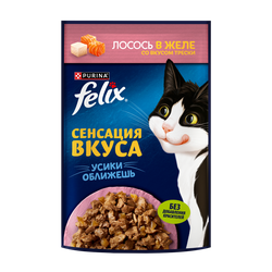 Корм влажный для взрослых кошек FELIX Sensations Лосось в желе со вкусом трески, 75г, крупный план