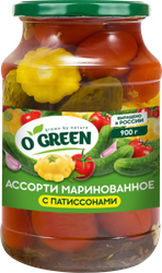 Ассорти маринованное O`GREEN Патиссоны, томаты черри и огурцы, 900г, вид