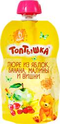 Пюре ТОПТЫШКА Яблоко, банан, малина и вишня, с 6 месяцев, 90г, фото