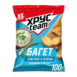 Сухарики воздушные ХРУСTEAM Багет Сметана-зелень, 100г, крупный план