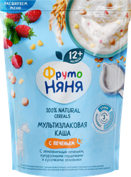 Каша мультизлаковая ФРУТОНЯНЯ молочная, с земляничным печеньем, кукурузными сердечками и кусочками земляники, с 12 месяцев, 200г, фотография