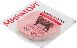 Колбаса вареная МИРАТОРГ Докторская ГОСТ, нарезка, 160г, крупный план
