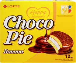Печенье LOTTE Choco Pie Banana бисквитное в шоколадной глазури, 12х28г, детальное фото