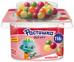 Йогурт РАСТИШКА Клубника злаковые драже со вкусом банан, апельсин 3%, без змж, 116г, фотография