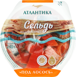 Сельдь слабосоленая АТЛАНТИКА Под лосось, филе-кусочки в масле, 240г, изображение