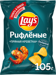 Картофельные чипсы LAY’S Рифленые Пряная Креветка ф/п 105г., детальное фото