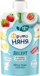 Молочный десерт ФРУТОНЯНЯ из яблок, бананов и клубники 90г. БЗМЖ, детальное фото