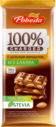 Шоколад ПОБЕДА молочный без сахара с цельным миндалем 90г., крупный план