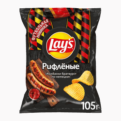 Картофельные чипсы LAYS Рифленые Колбаски братвурст по-немецки ф/п 105г., фото
