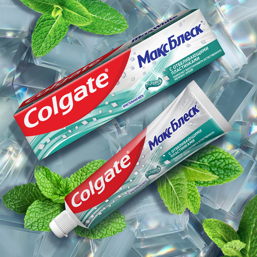 Зубная паста COLGATE Макс Блеск Кристальная мята с отбеливающими пластинками для свежего дыхания и отбеливания зубов, 100мл, крупный план