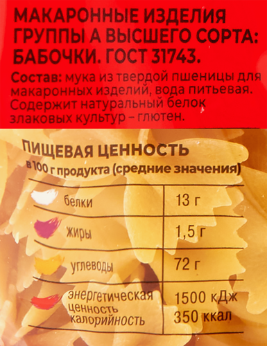 Макароны ШЕБЕКИНСКИЕ Бабочки группа А, высший сорт, 350г, крупный план