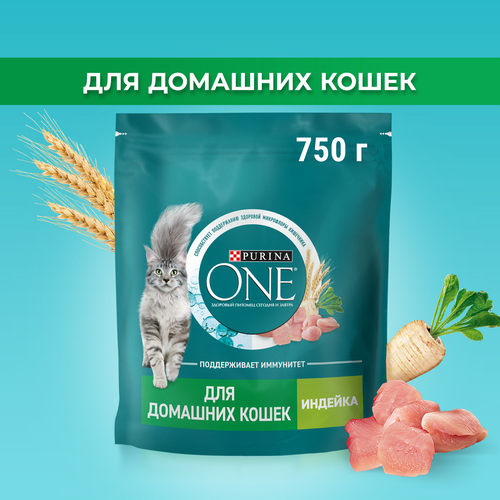Корм сухой для взрослых кошек PURINA ONE Housecat с индейкой и цельными злаками, 750г, крупный план