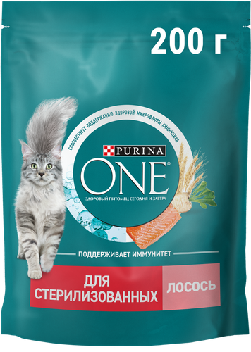 Корм сухой для взрослых кошек PURINA ONE Sterilised с лососем и пшеницей, для стерилизованных, 200г, картинка