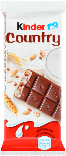 Шоколад KINDER Chocolate Country с молочно-злаковой начинкой, 23,5г, крупный план
