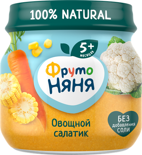 Пюре овощное ФРУТОНЯНЯ Овощной салатик Цветная капуста, кукуруза и морковь, с 5 месяцев, 80г, крупный план