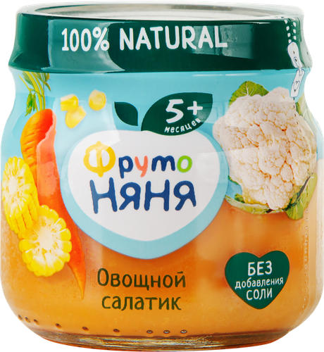 Пюре овощное ФРУТОНЯНЯ Овощной салатик Цветная капуста, кукуруза и морковь, с 5 месяцев, 80г, вид