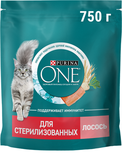 Корм сухой для взрослых кошек PURINA ONE Sterilised с лососем и пшеницей, для стерилизованных, 750г, картинка