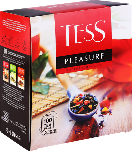Чай черный TESS Pleasure с добавками, 100пак, крупный план