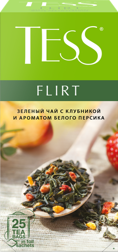 Чай зеленый TESS Flirt с кусочками персика и клубники, 25пак, крупный план