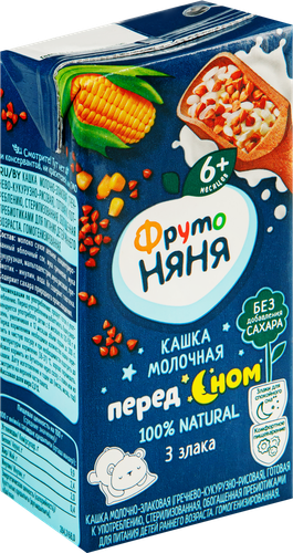 Кашка злаковая ФРУТОНЯНЯ молочная, гречка, кукуруза и рис с пребиотиками, с 6 месяцев, 200мл, фото