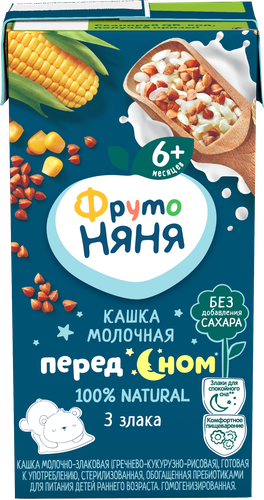 Кашка злаковая ФРУТОНЯНЯ молочная, гречка, кукуруза и рис с пребиотиками, с 6 месяцев, 200мл, детальное фото