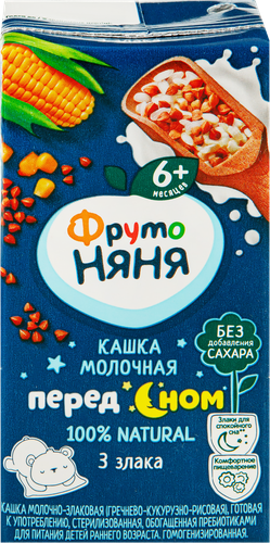 Кашка злаковая ФРУТОНЯНЯ молочная, гречка, кукуруза и рис с пребиотиками, с 6 месяцев, 200мл, вид