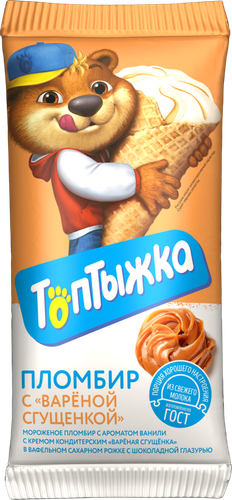 Мороженое ИЖМОЛОКО Топтыжка пломбир с вареной сгущенкой 12%, без змж, вафельный рожок, 90г, детальное фото