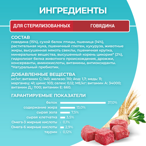 Корм сухой для взрослых кошек PURINA ONE Sterilised с говядиной и пшеницей для стерилизованных, 750г, детальное фото