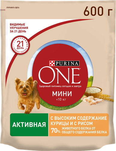 Корм сухой для взрослых собак PURINA ONE Mini Активная Курица и рис, 600г, детальное фото