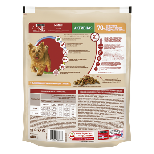 Корм сухой для взрослых собак PURINA ONE Mini Активная Курица и рис, 600г, вид