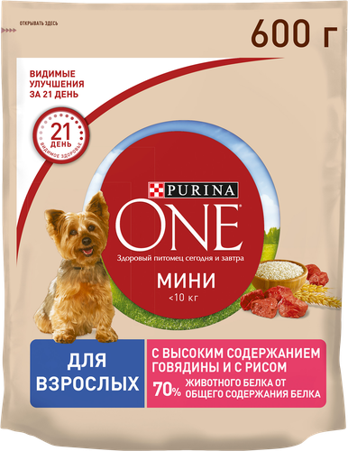 Корм сухой для взрослых собак PURINA ONE Говядина и рис, 600г, фото
