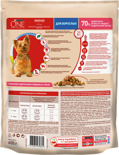 Корм сухой для взрослых собак PURINA ONE Говядина и рис, 600г, крупный план