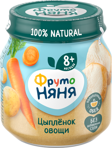 Пюре мясо-растительное ФРУТОНЯНЯ Цыпленок, рис, морковь, картофель и лук, с 8 месяцев, 100г, фото