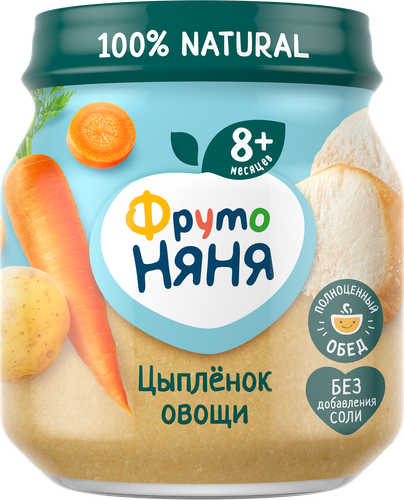 Пюре мясо-растительное ФРУТОНЯНЯ Цыпленок, рис, морковь, картофель и лук, с 8 месяцев, 100г, фото