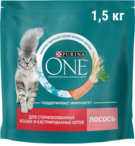 Корм сухой для взрослых кошек PURINA ONE Sterilised с лососем и пшеницей, для стерилизованных, 1,5кг, изображение